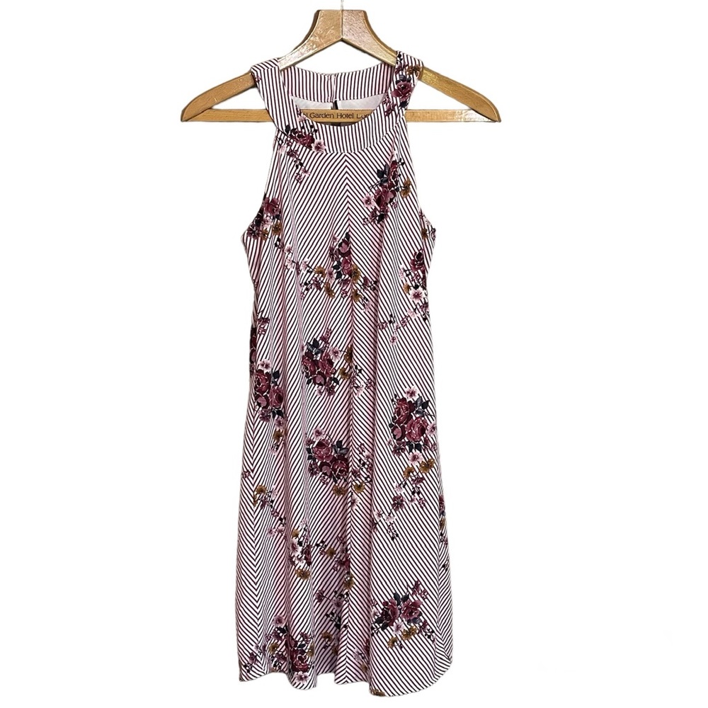 Three Pink Hearts floral, striped sleeveless dress. Women’s size Medium